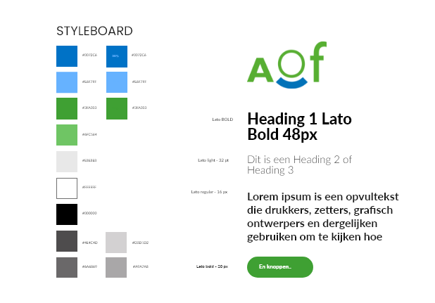 AOF kreeg een nieuw stijlconcept met kleur, typografie en merkidentiteit, vertaald naar een consistent webdesign.